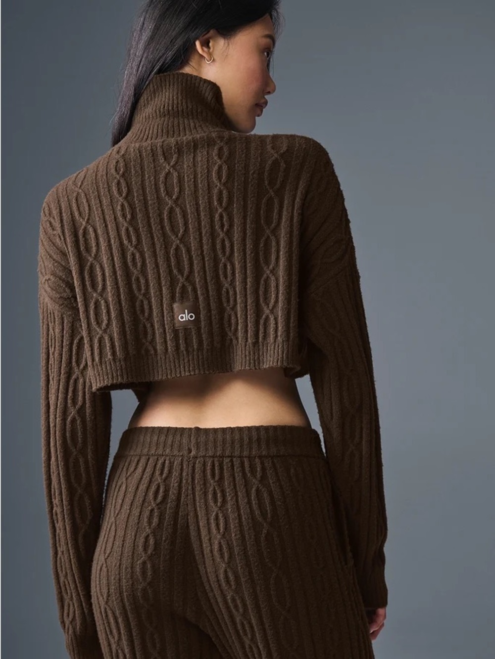 ALO Yoga Black Cropped Cable Turtleneck Sweater